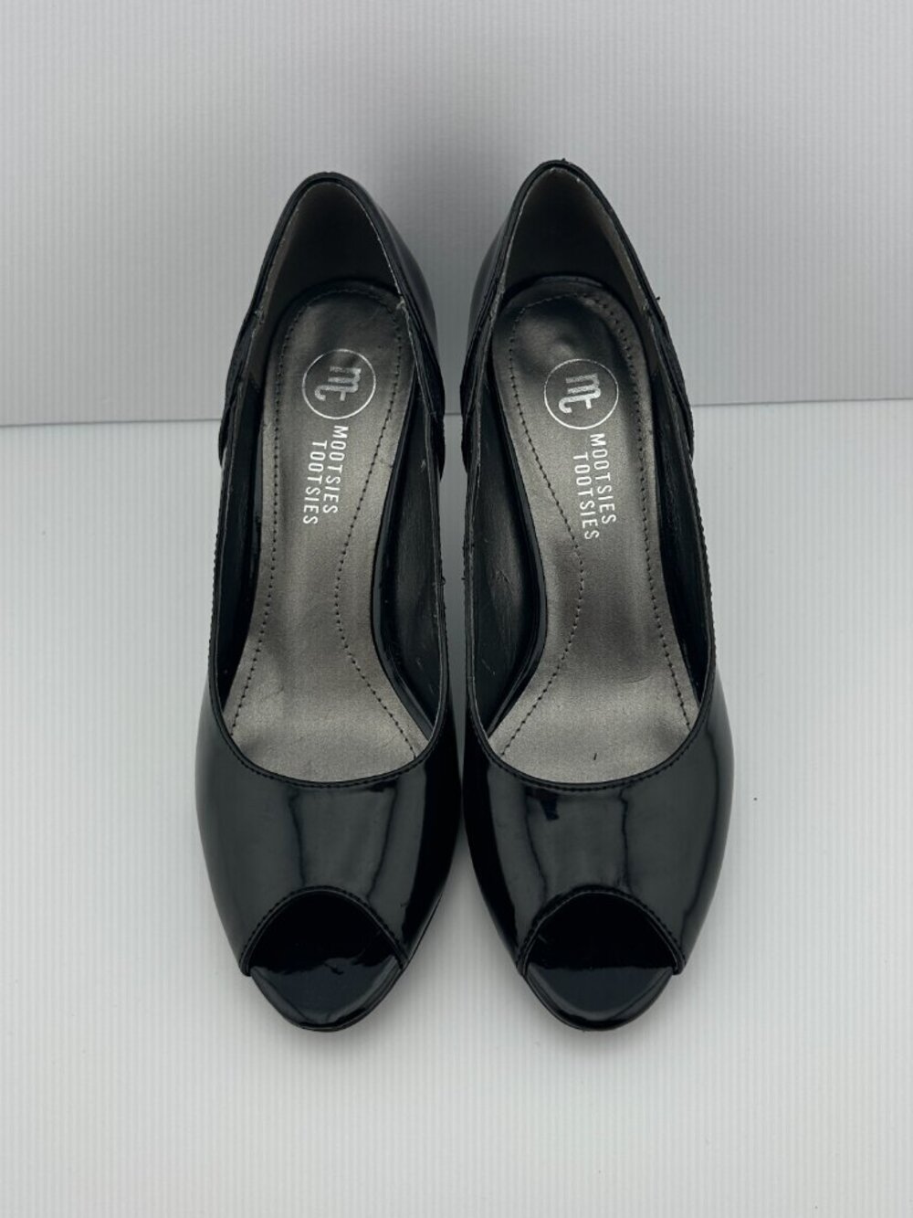 MOOTSIES TOOTSIES BLACK HIGH GLOSS PATENT PEEP-TOE KITTEN HEEL PUMPS SIZE 7M - Picture 4 of 12